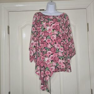 Laurie Felt Asymmetrical‎ Pleated Top Pink Floral Large 3/4 Length Sleeves NWOT